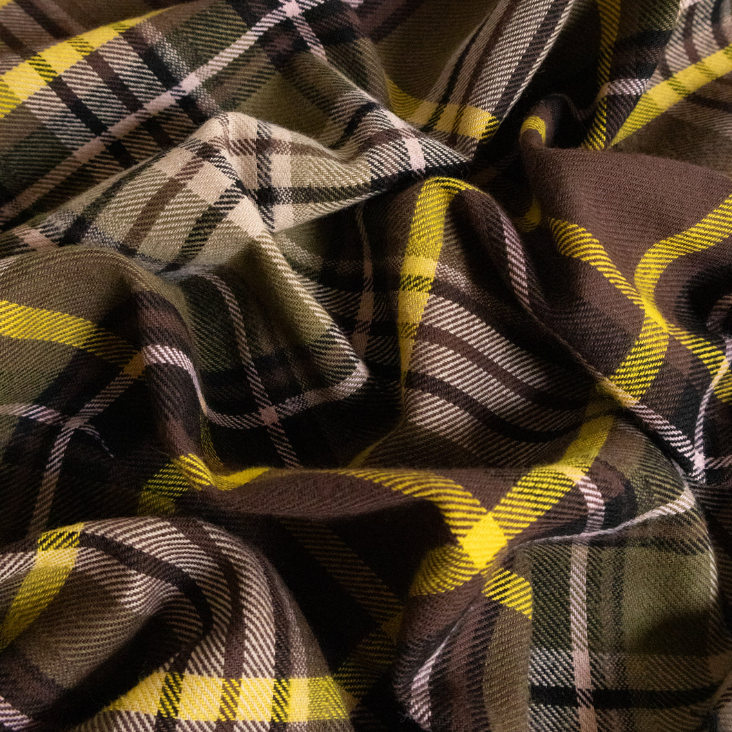 Brushed Plaid Cotton Deadstock - Choc, Khaki & Buttercup