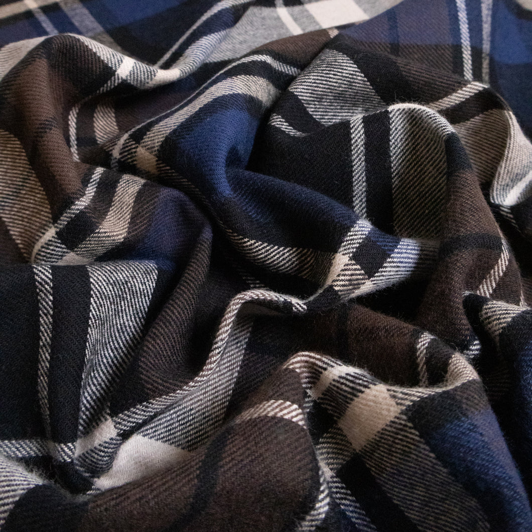 Brushed Plaid Cotton Deadstock - Navy, White & Choc