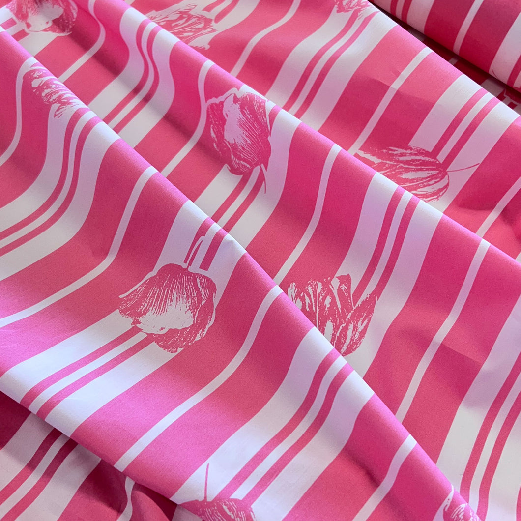 Bold Stripe Floral Poplin Print Deadstock - Hot Pink